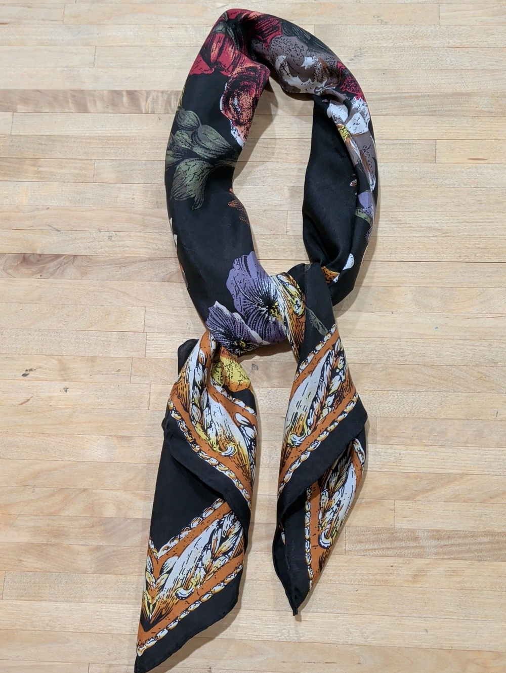 Emanuel Geraldo Silk Square Scarf Red Lavender White Yellow Flowers On Black